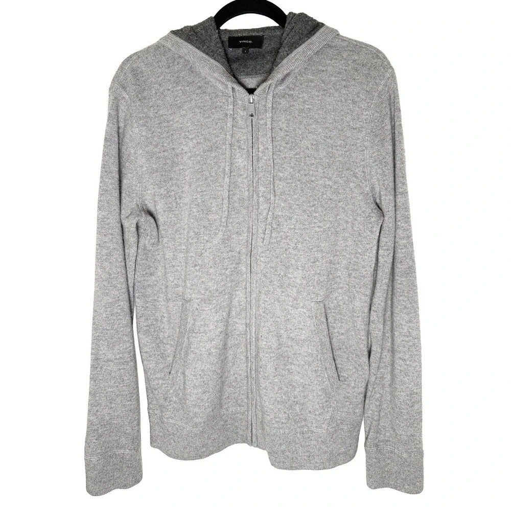 Vince Men's 100% Cashmere Full Zip Hoodie Heather Grey Sweater Classic Preppy S